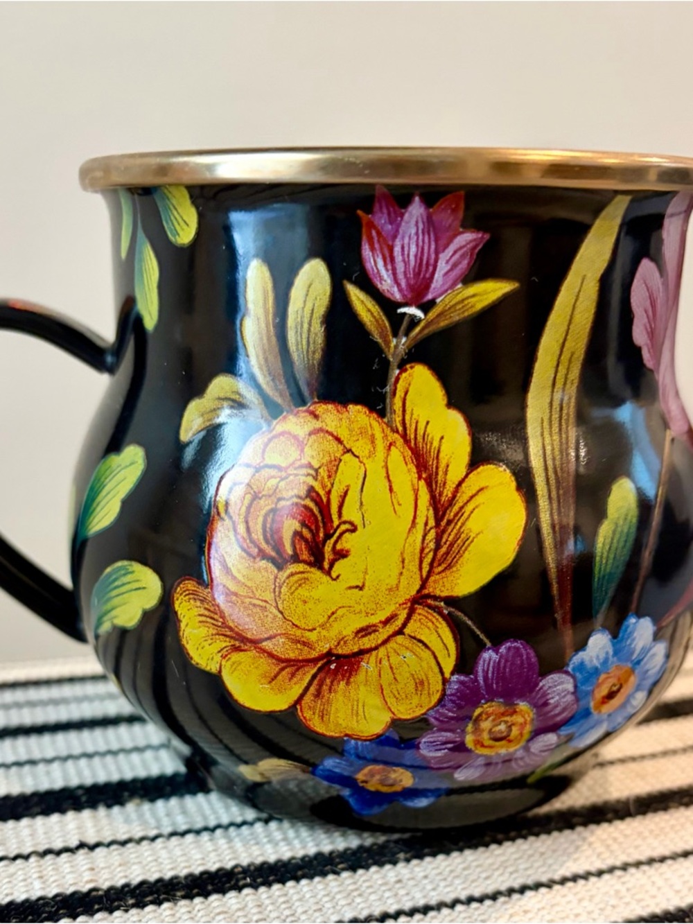 Mackenzie-Child’s Flower market Black Enamel Mug with Gold Rim